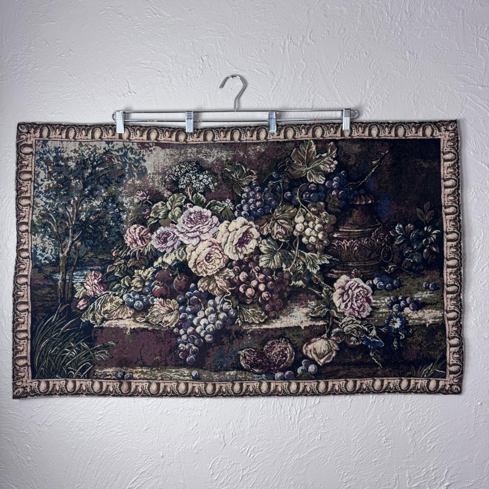 Vintage Tuscan style grapes and roses Italian tapestry wall hanging 39"